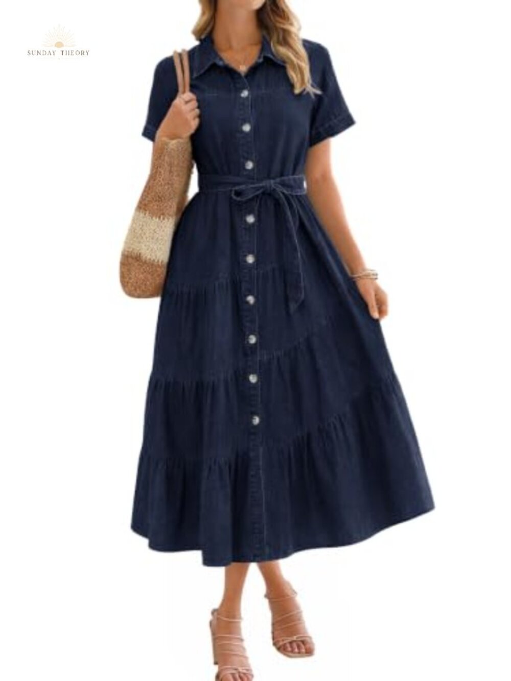 Women's Denim Midi Jean Dress Belted Short Sleeve Button Down
